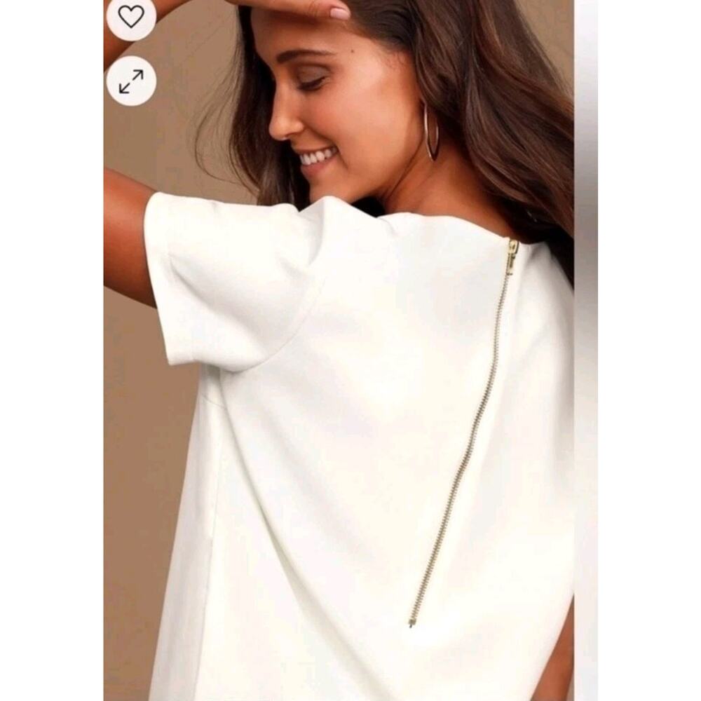 LULUS Shift Chic Ivory Shift Dress Short Sleeve Lined Sz M Minimalist Classy - Picture 2 of 7